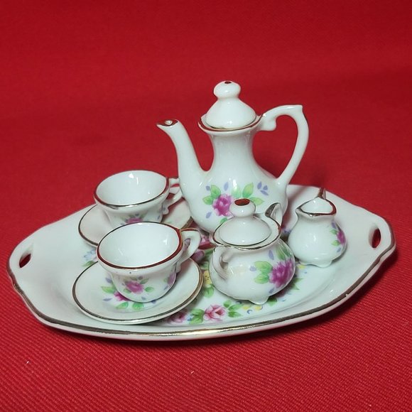 VTG Miniature Tea Set Pink Roses Gold Trim 10 Pc - Picture 8 of 11